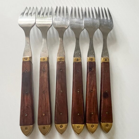 Vintage France Stainless Dinner Forks with Wood Brass Handle Set of 6 MCM - Picture 2 of 6